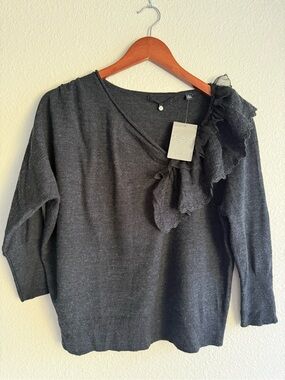 Anthropologie Knitted & Knotted 100% Soft Wool Asymmetrical Ruffle Sweater M/L